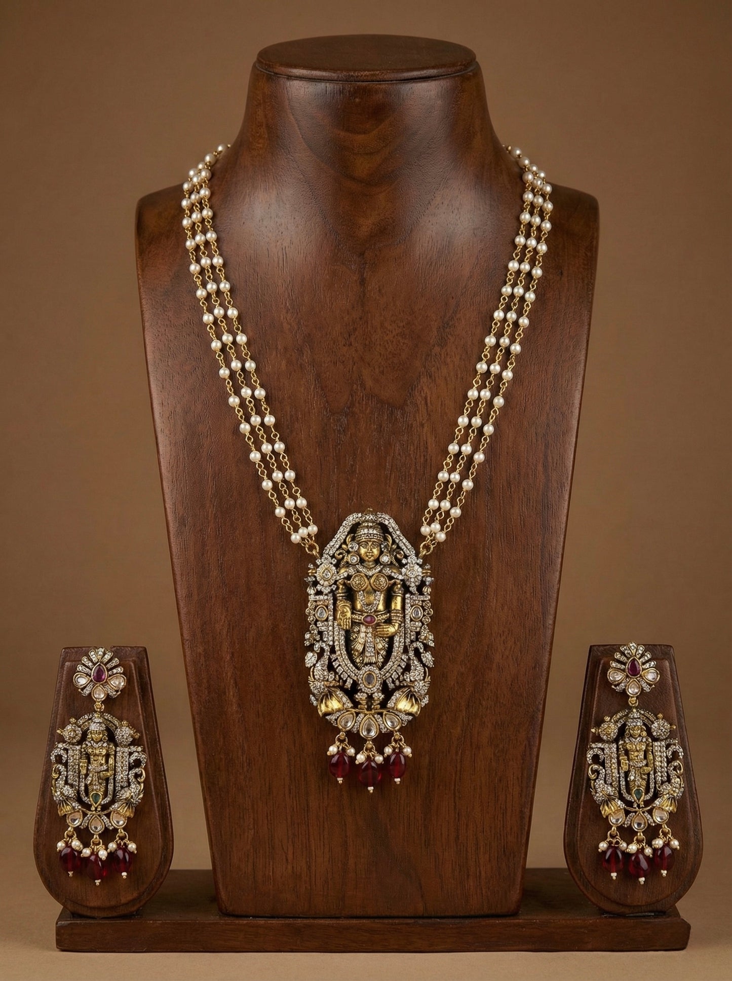 Antique gold tone cz sri Thirumal maroon bead victorian pearl necklace set dj-52617