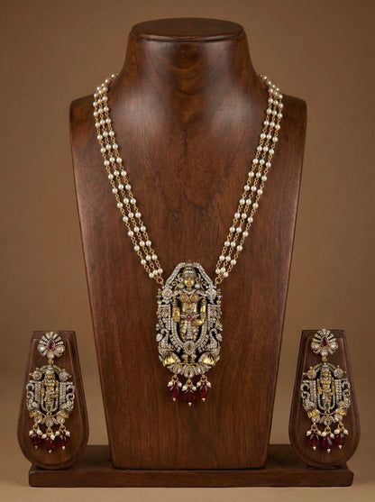 Antique gold tone cz sri Thirumal maroon bead victorian pearl necklace set dj-52617
