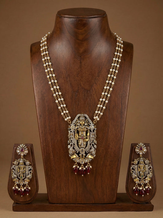 Antique gold tone cz sri Thirumal maroon bead victorian pearl necklace set dj-52617