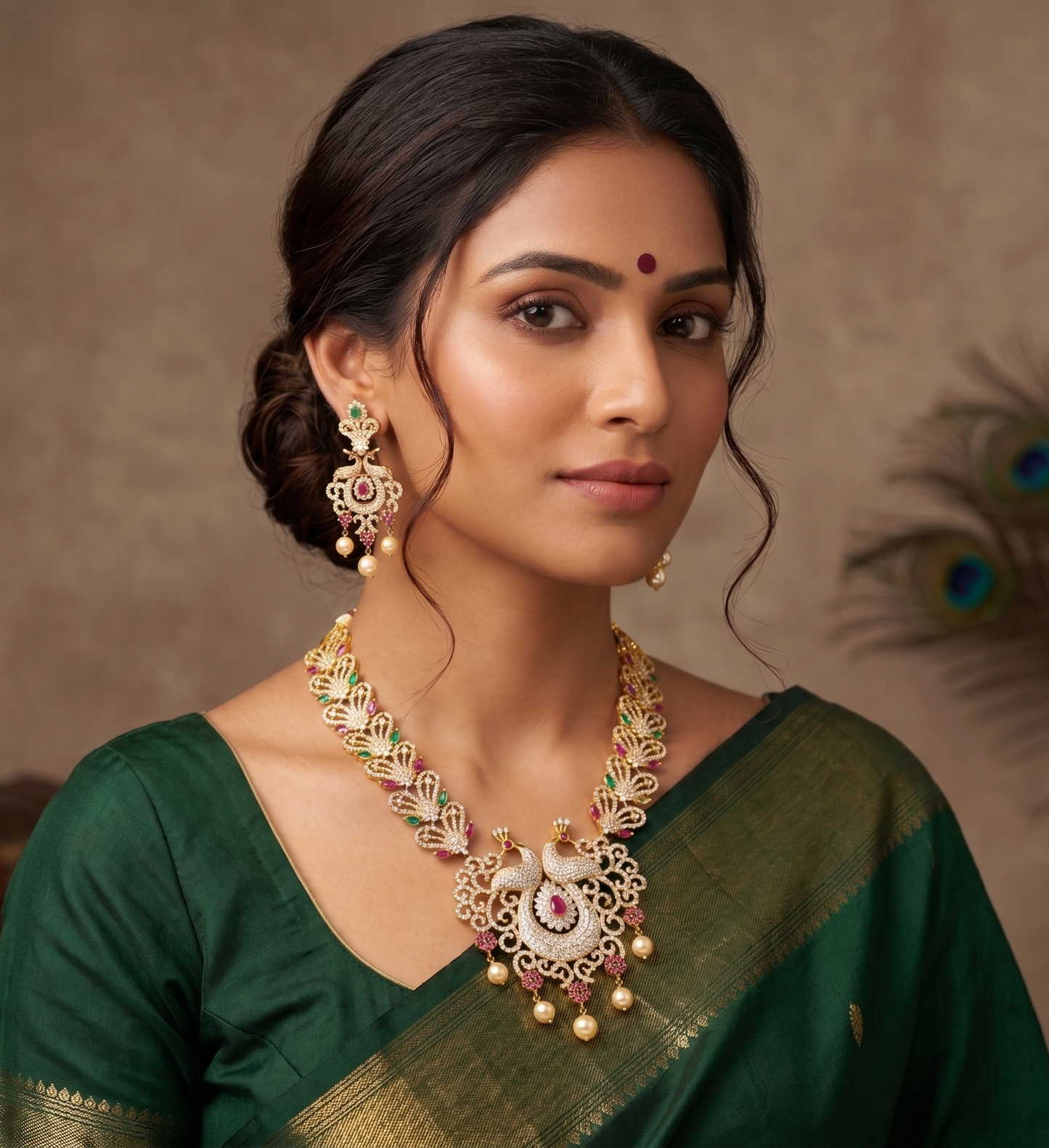 Gold tone cz-ruby-emerald-white peacock bridal necklace set dj-05085
