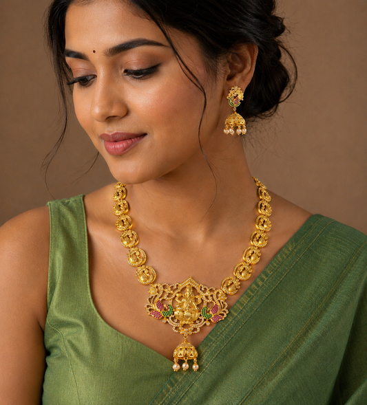 Gold tone cz-ruby-emerald Lakshmi bridal necklace set  dj-05086
