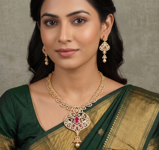 Gorgeous Gold Tone Cz-ruby Bridal Necklace Set -dj05087