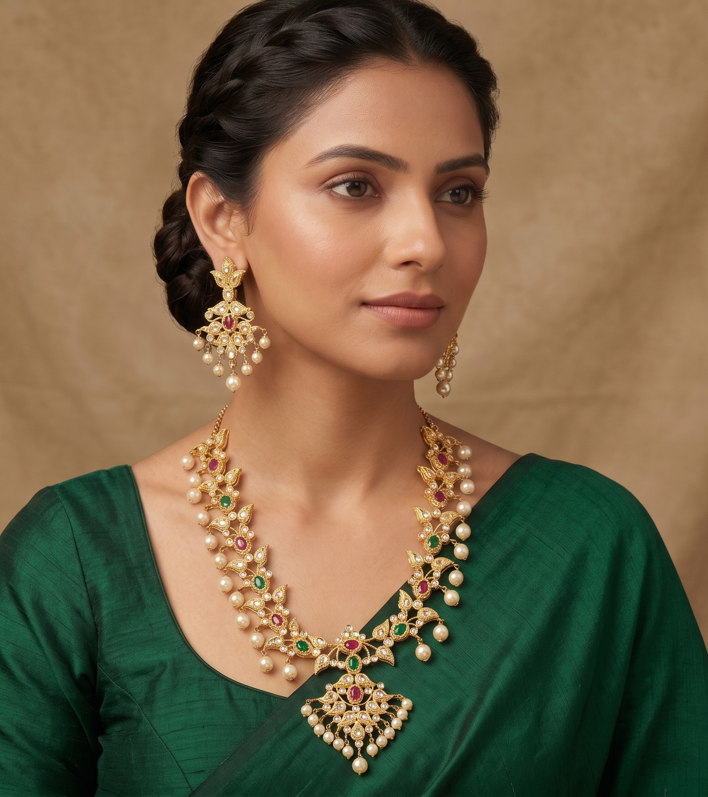 Gold tone AD-ruby-emerald pearl Necklace Set -dj05092