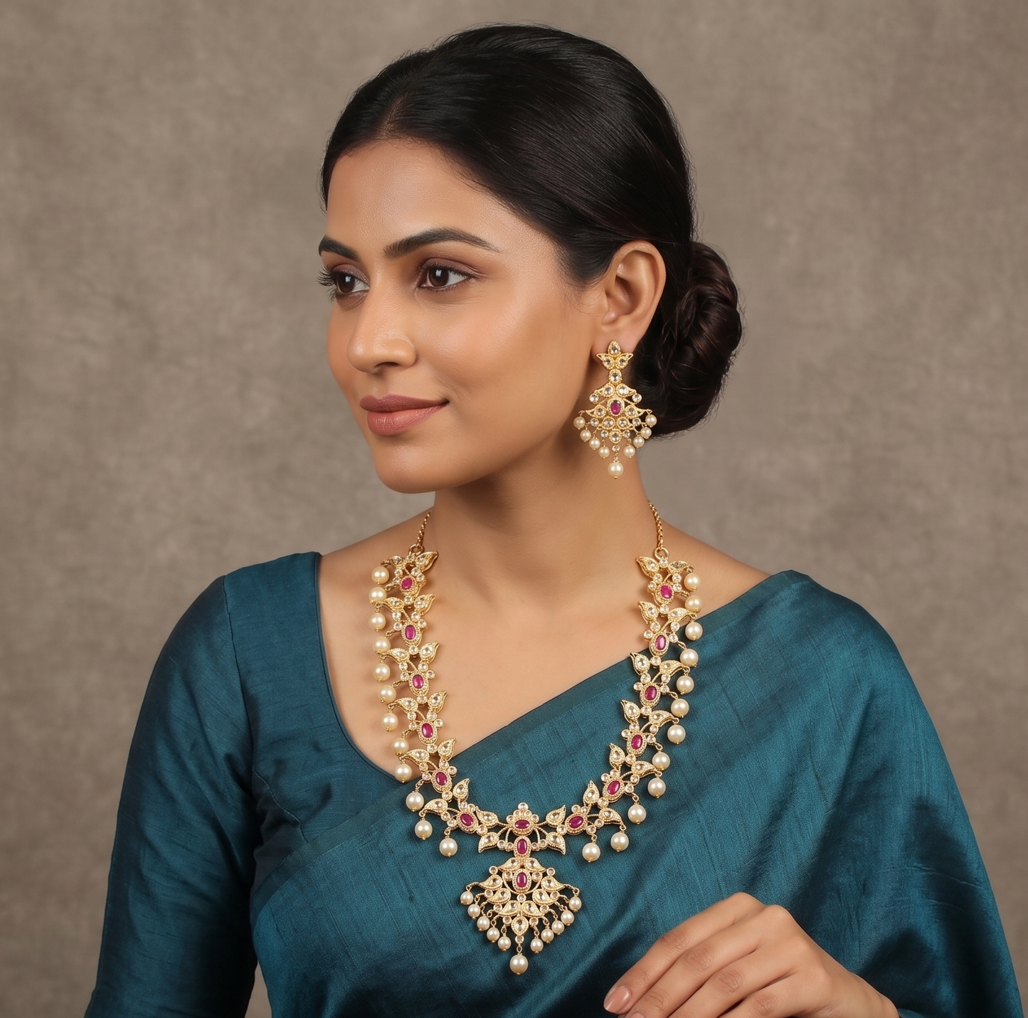 Gold Tone Ad-ruby Pearl Necklace Set -dj05093