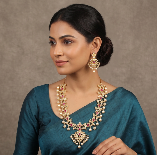 Gold Tone Ad-ruby Pearl Necklace Set -dj05093