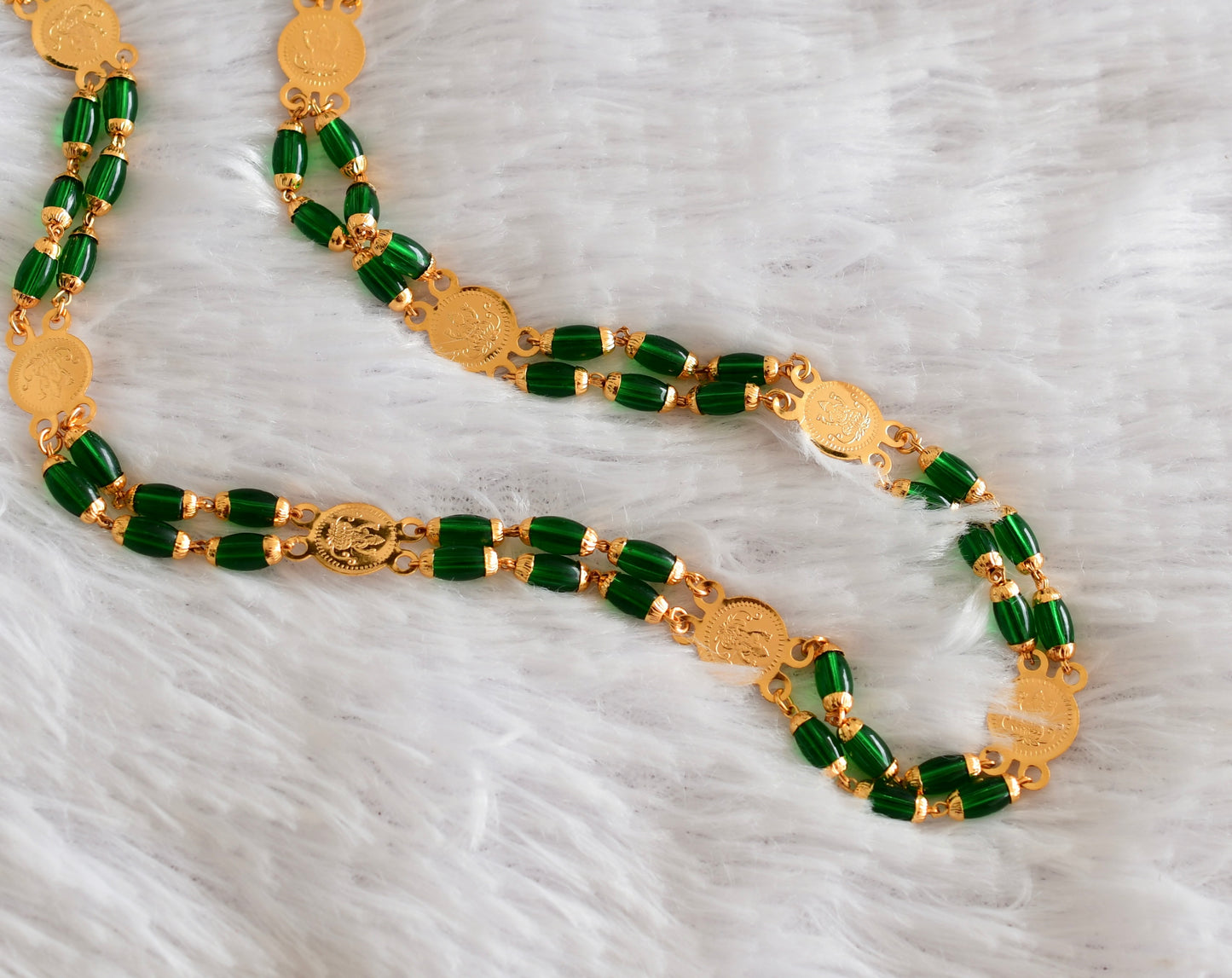 Gold tone 30 inches green beaded Lakshmi coin chain dj-51838