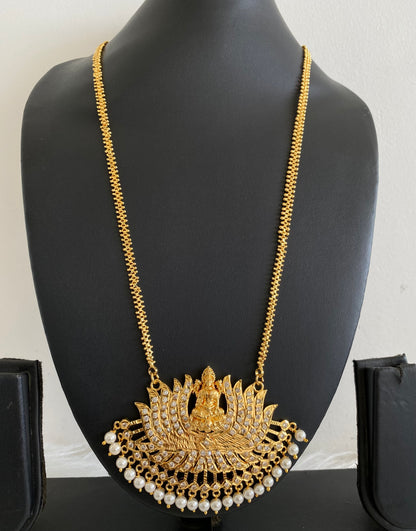 Gold tone white stone pearl lakshmi lotus chain with pendant dj-54114