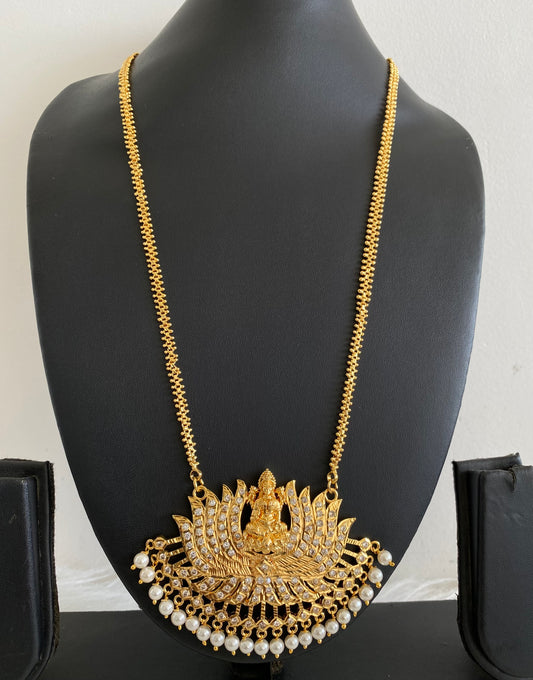 Gold tone white stone pearl lakshmi lotus chain with pendant dj-54114