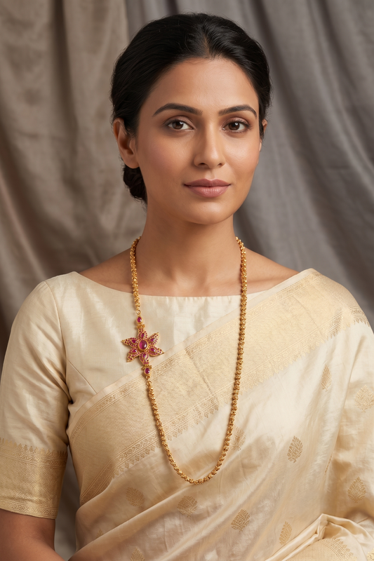Traditional Gold Plated Ruby Peacock Mugappu Chain -dj05116