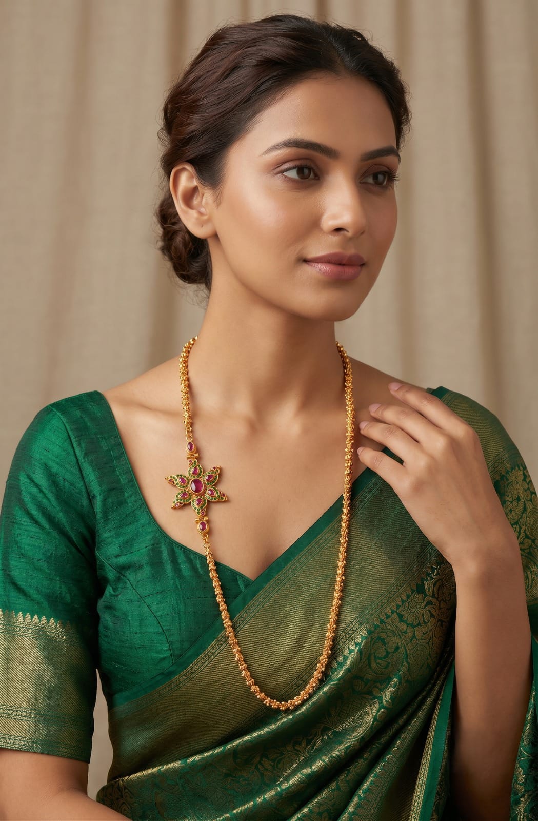 Gold Tone Ruby-green Peacock Mugappu Chain -dj05119