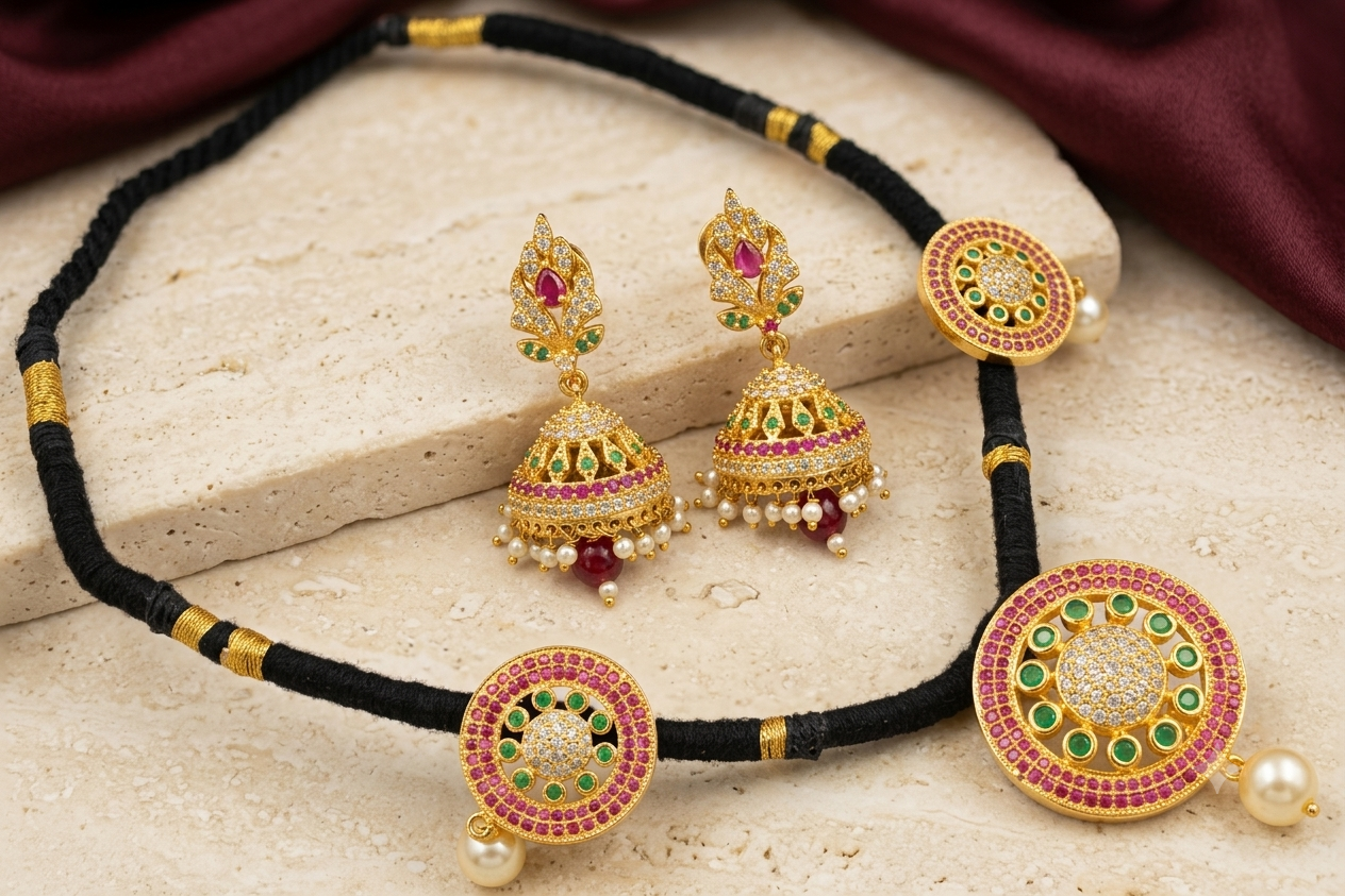 Gold Tone Cz Ruby-emerald Black Thread Necklace Set-dj05189