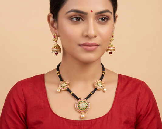 Gold Tone Cz Ruby-emerald Black Thread Necklace Set-dj05189