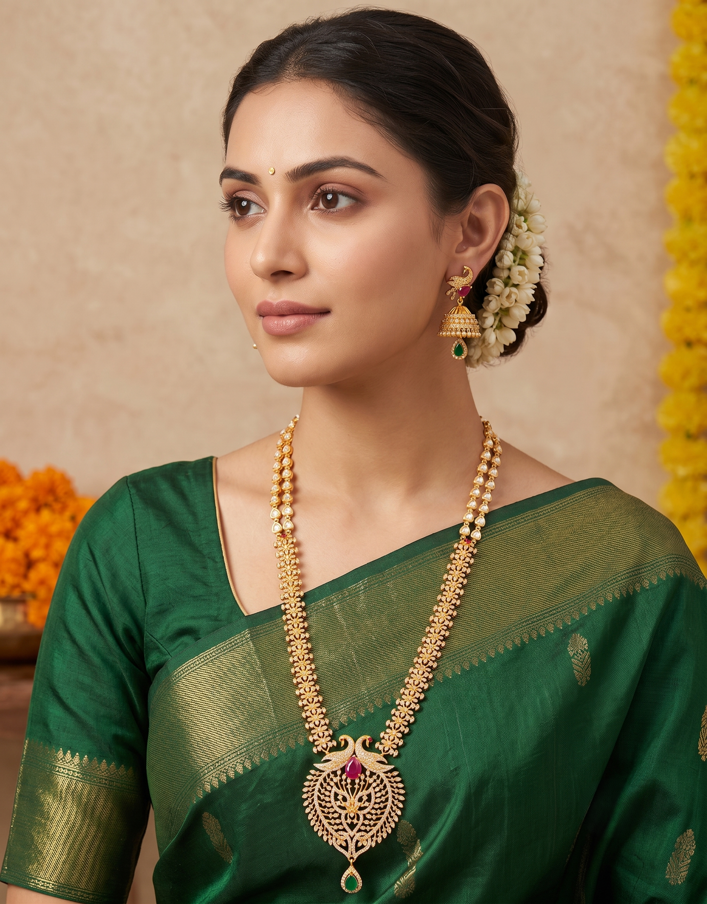 Gold tone cz-ruby-emerald peacock bridal haar set dj-05191