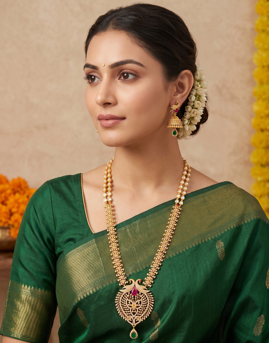 Gold tone cz-ruby-emerald peacock bridal haar set dj-05191