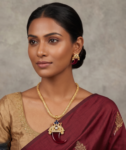 Gold Tone Tiger Nail Design Red Peacock Necklace Set dj-05279