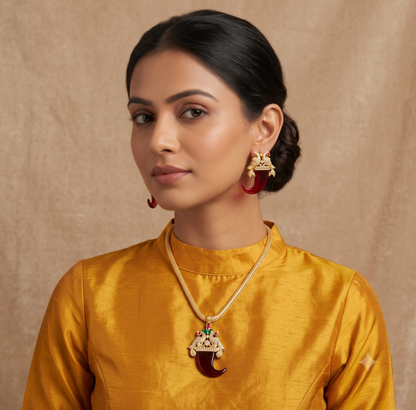 Gold Tone Tiger Nail Design Red Peacock Necklace Set-dj05282