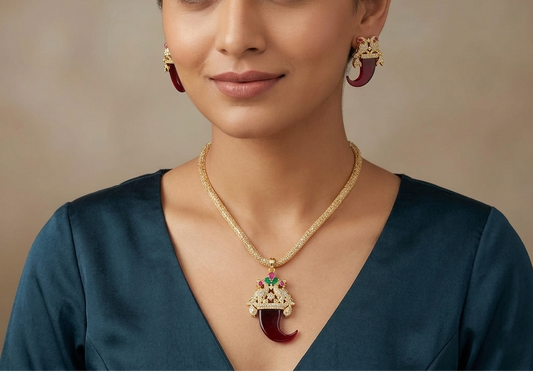 Gold Tone Tiger Nail Design Red Peacock Necklace Set-dj05282