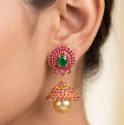 Gold tone ruby-emerald pearl jhumkka-dj05289