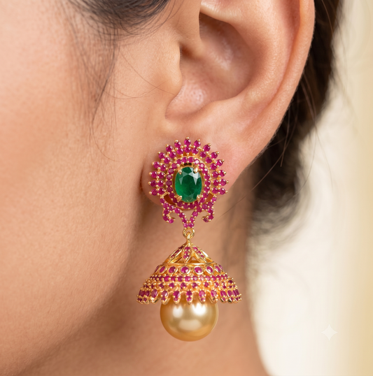 Gold tone ruby-emerald pearl jhumkka-dj05289