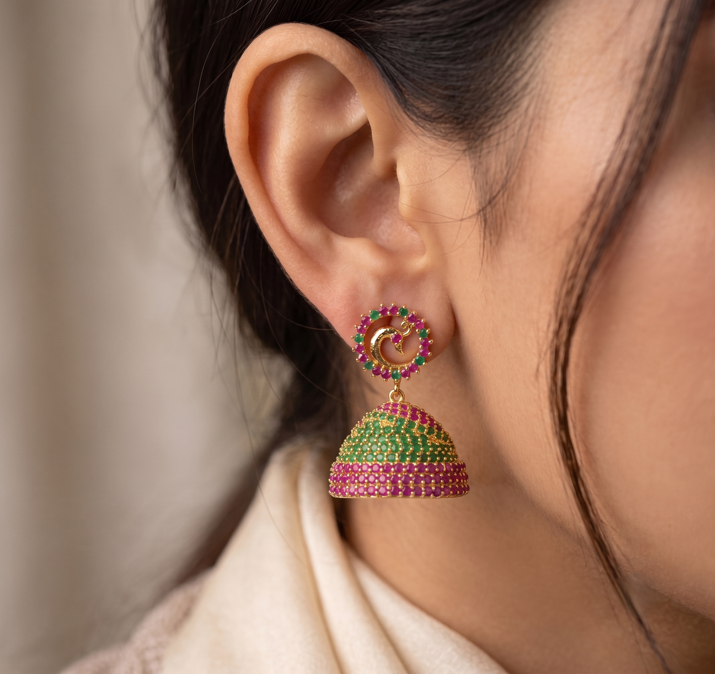 Awesome Gold Tone Ruby-emerald Designer Peacock Jhumkka-dj05292