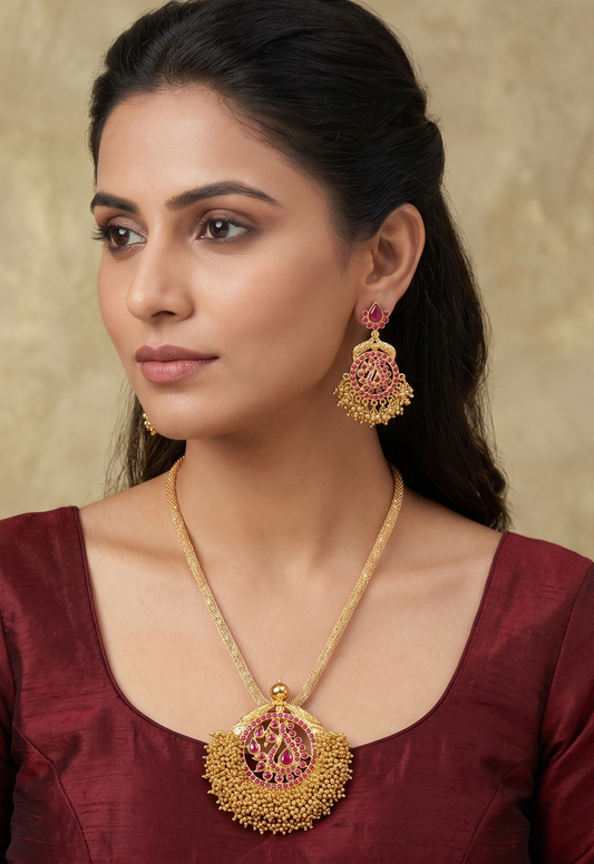 Awesome Goldcluster Ruby Peacock Designer Necklace Set-dj05309