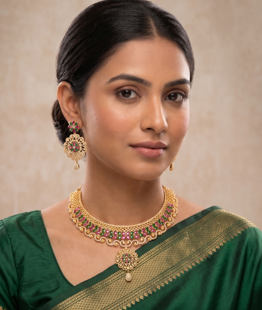Gold tone cz ruby-emerald designer necklace set dj-05316