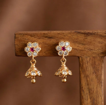 Gold tone ad pink-white south indian flower jhumkka dj-52785