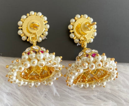 Gold tone precious kemp-green-white stone pearl jhumkka dj-53219