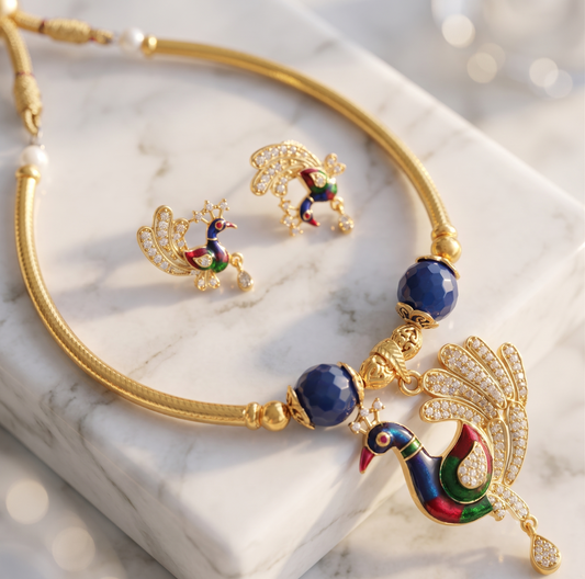 Gold Tone Cz Meenakari Peacock Hasli Necklace Set-dj05423
