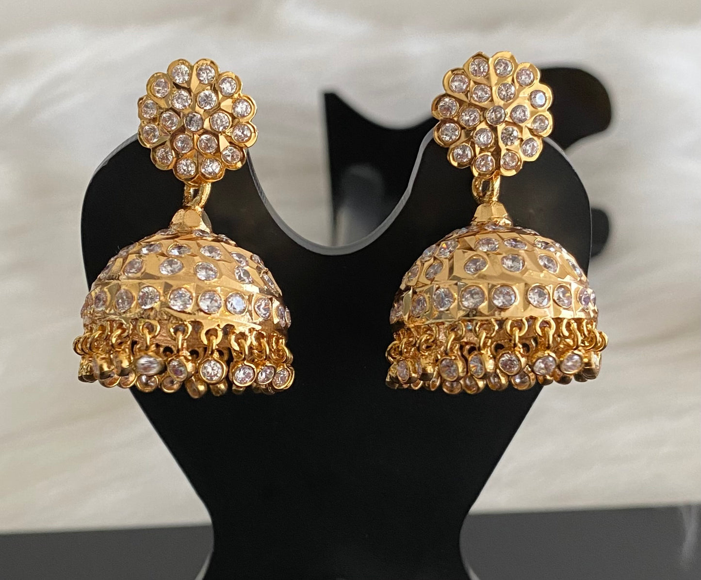 Gold tone south indian style AD white jhumkka dj-53865