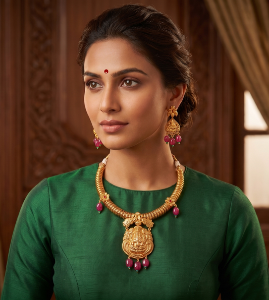 Antique gold tone Ruby Lakshmi Necklace Set -dj05482