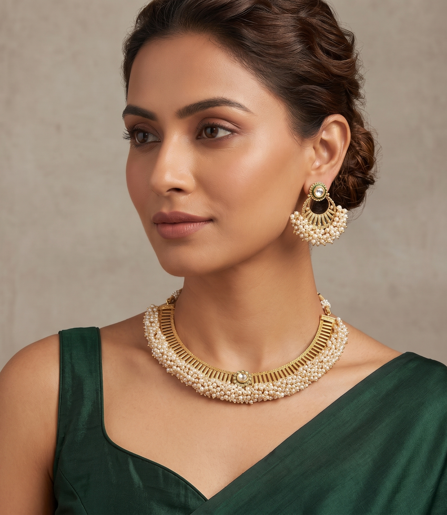 Antique gold tone pearl cluster necklace set dj-05487