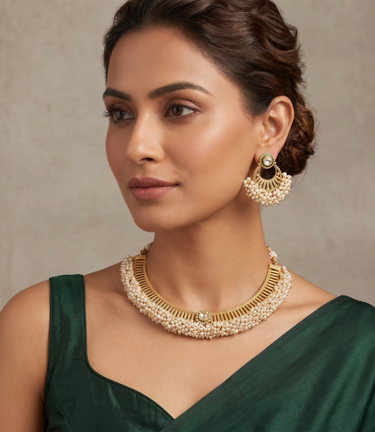 Antique gold tone pearl cluster necklace set dj-05487