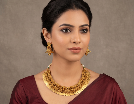 Antique Gold Cluster Lakshmi Coin Necklace Set dj-05488