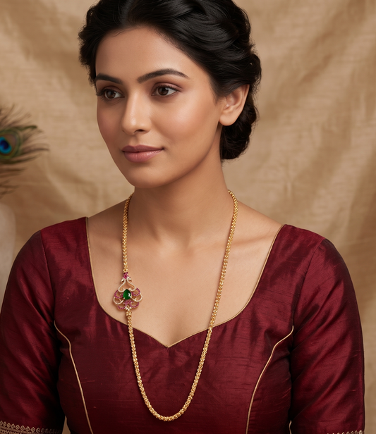Gold Tone Ruby Emerald Peacock Mugappu Chain dj-05507