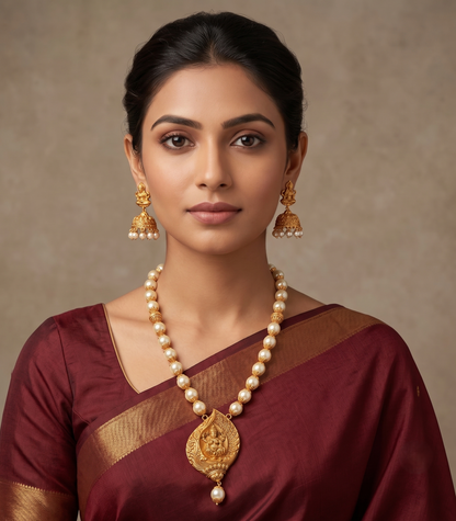 Matte finish pearl lakshmi designer necklace set dj-05512