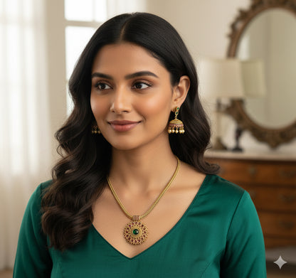 Antique gold tone kemp-green kerala style necklace set dj-52077