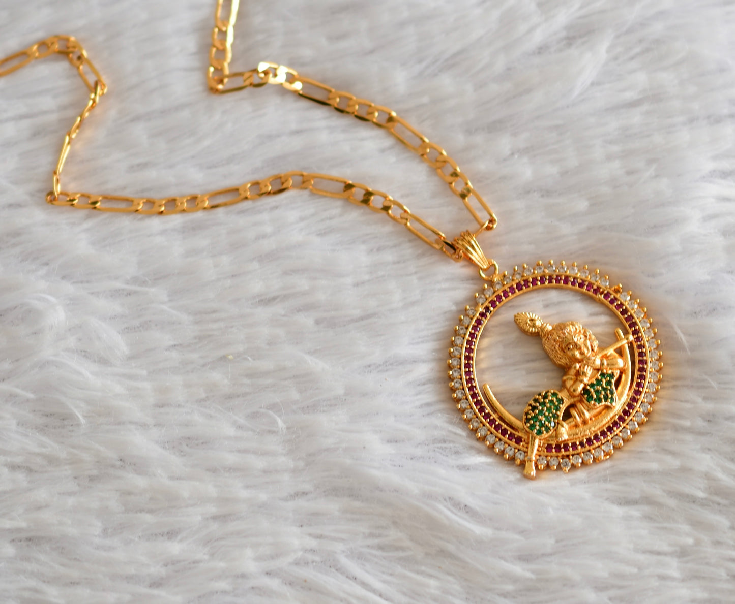 Gold tone 18 inches chain with ruby-green-white krishna round pendant dj-51920