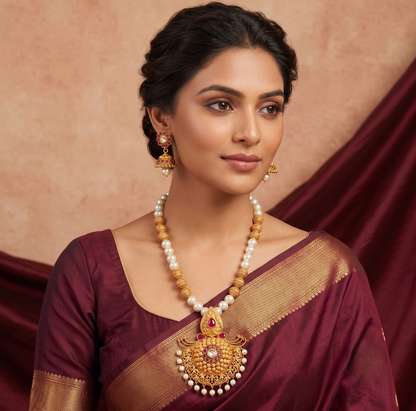 Matte finish ruby-pearl necklace set dj-05608