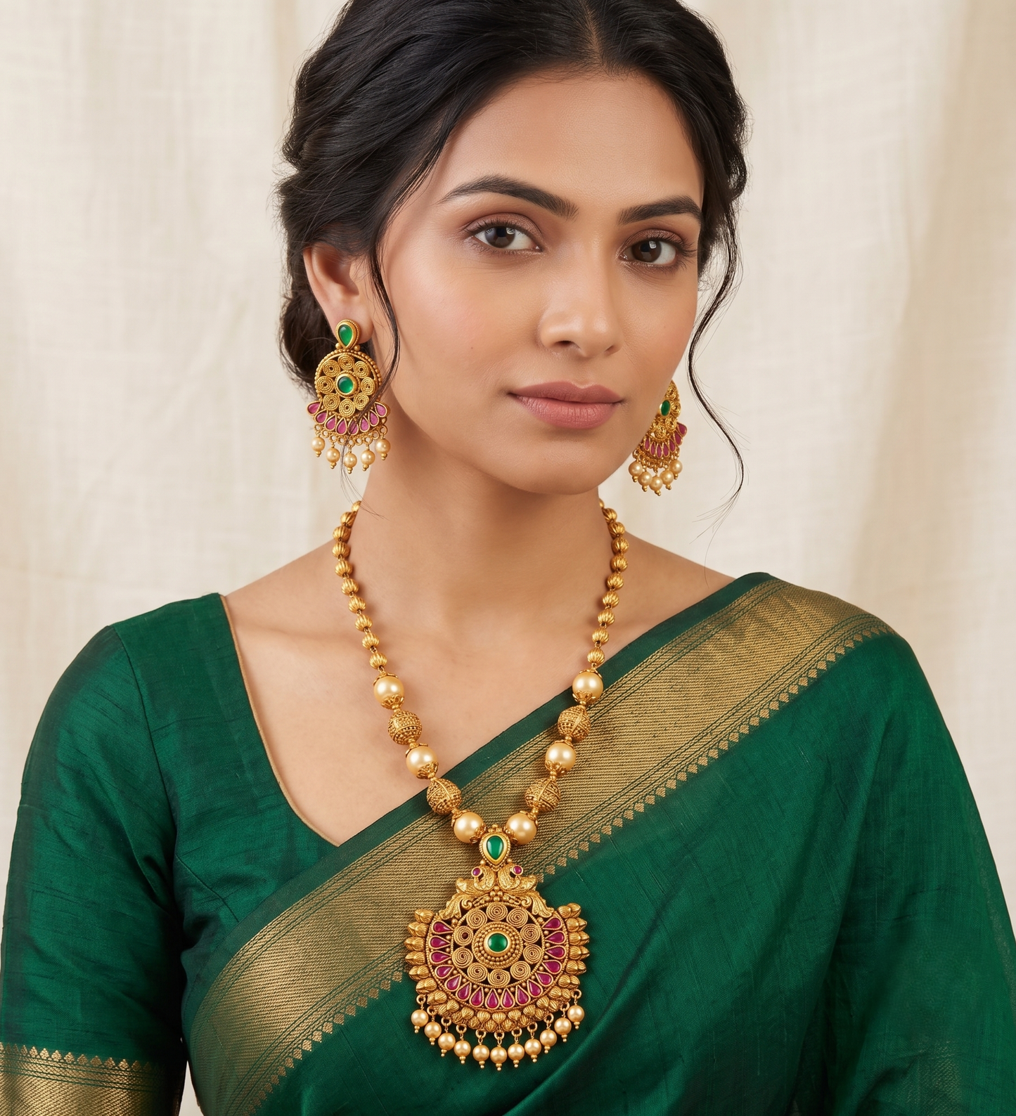 Royal Antique Ruby-green Designer Balls Necklace Set-dj05625