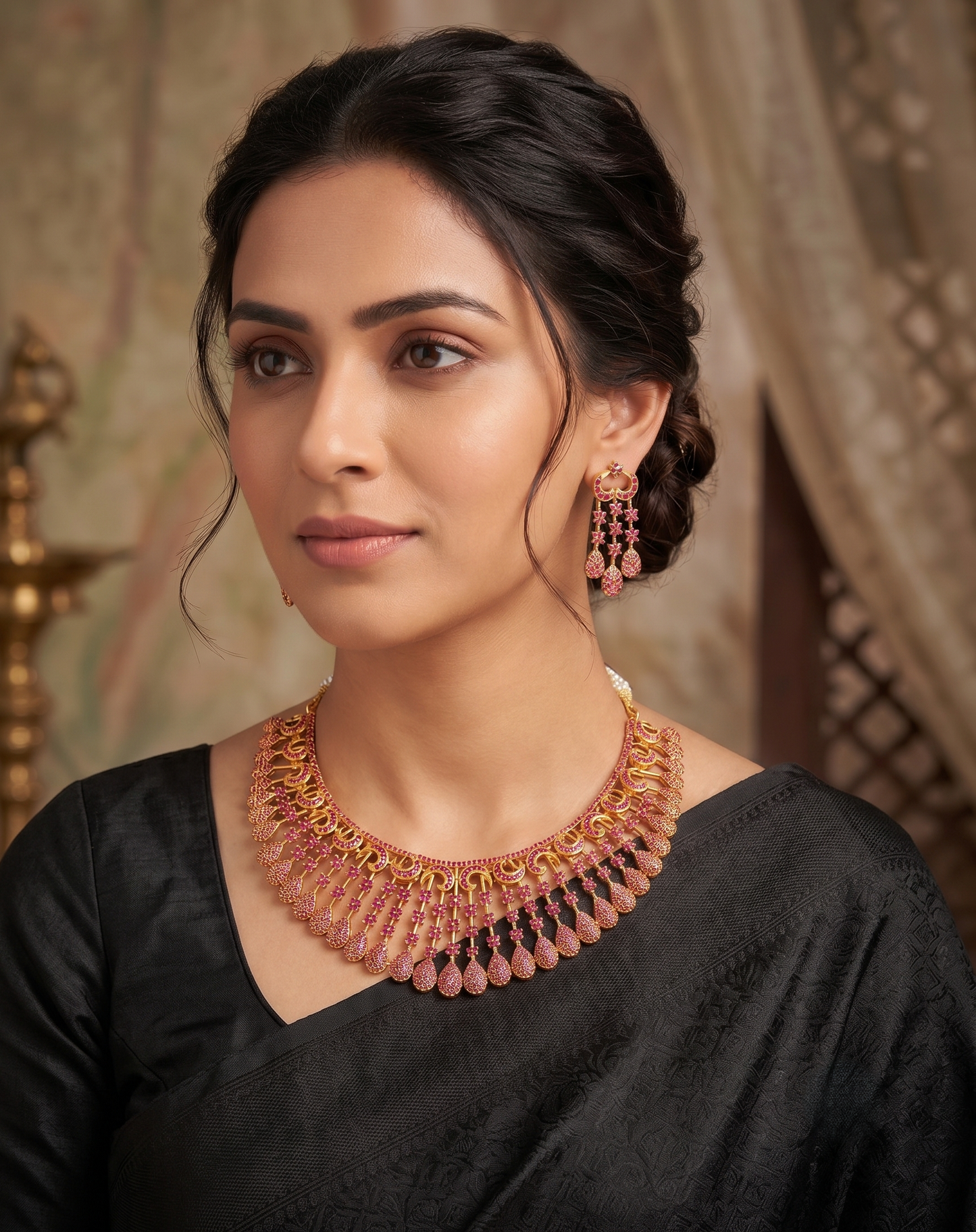 Gold tone ruby necklace set dj-05677