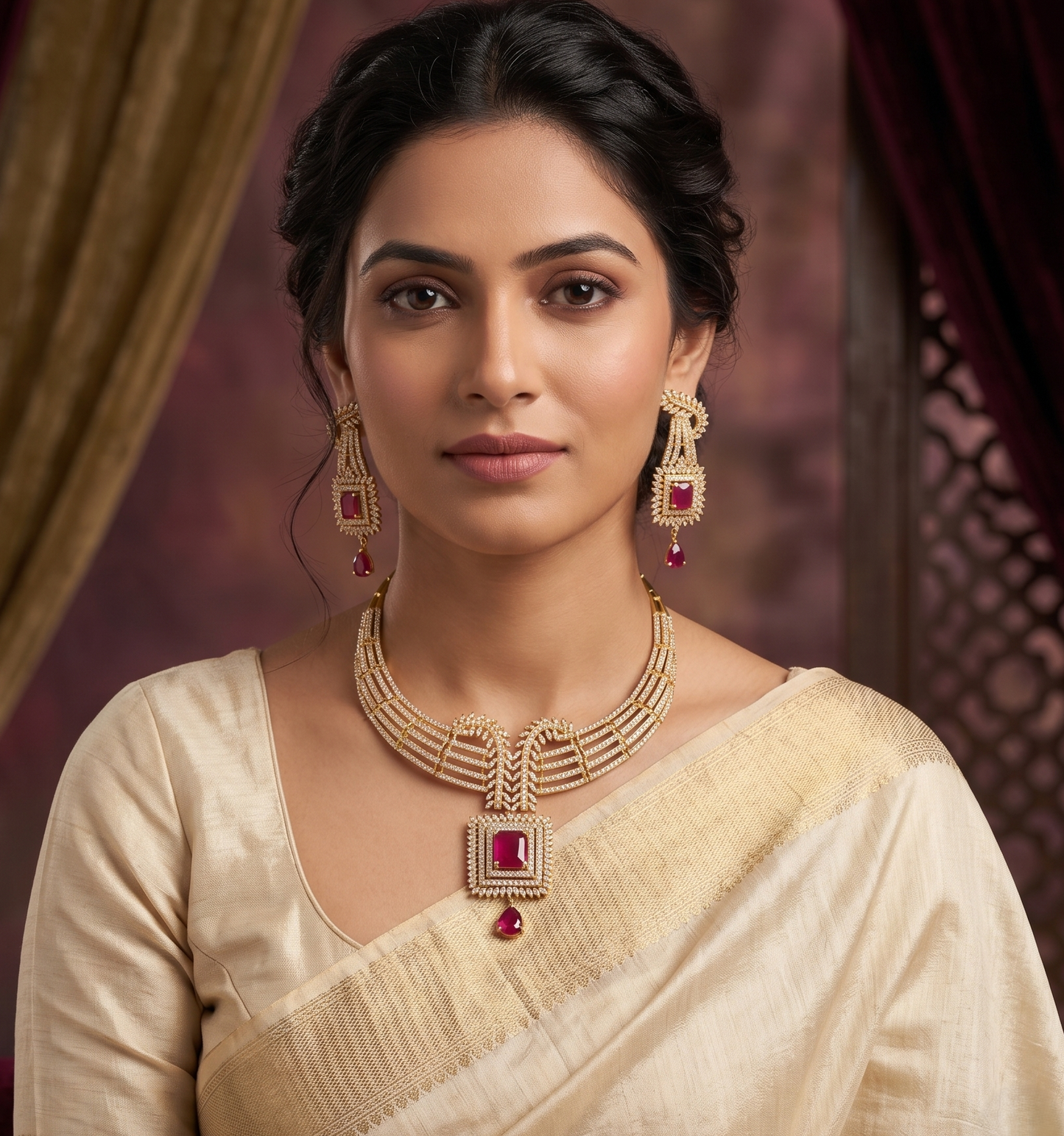 Gold tone cz-ruby bridal necklace set dj-05679