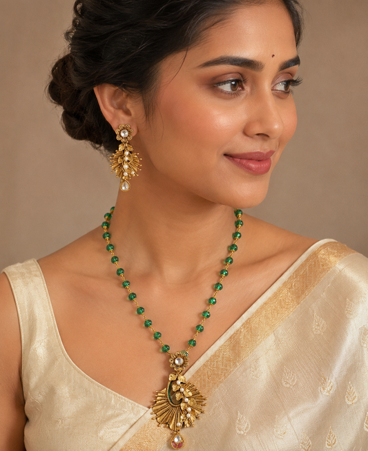 Antique gold replica peacock feather green chain Pendant set dj-05698