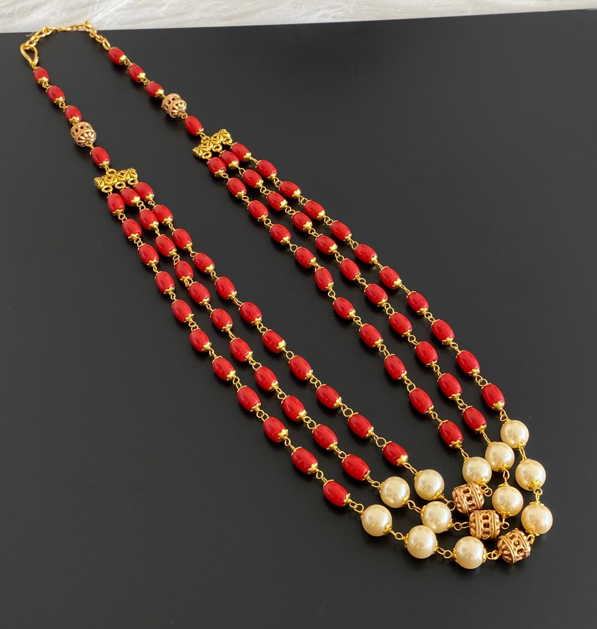 Antique gold tone multilayer coral-pearl beaded necklace dj-54981