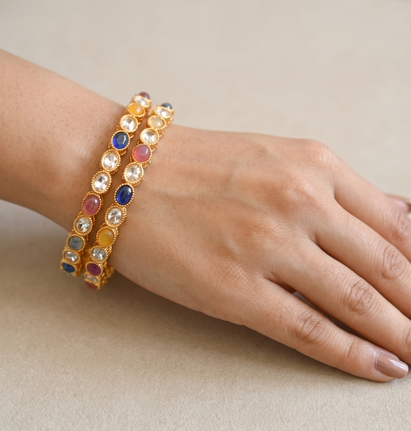Gold tone multicolor polki set of 2 bangles (2.4) dj-05744