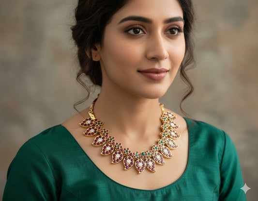 Gold tone precious kemp-green-white mango necklace set dj-50274