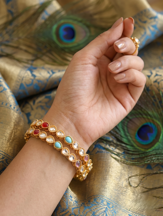 Gold tone multicolor polki set of 2 bangles (2.4) dj-05745