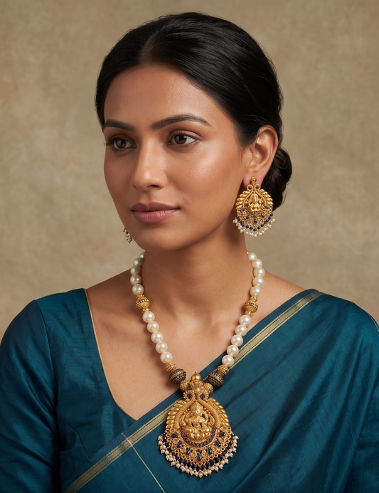 Divine Antique Finish Blue Lakshmi Necklace Set-dj05770