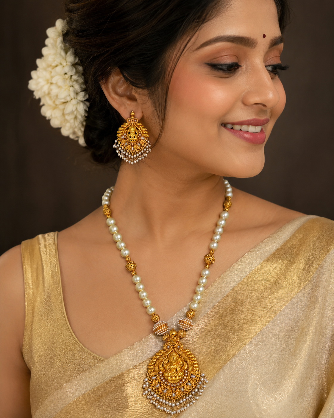 Antique finish pearl lakshmi necklace set dj-05771