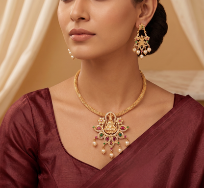 Beautiful Cz-ruby-emerald Lakshmi Necklace Set-dj05785